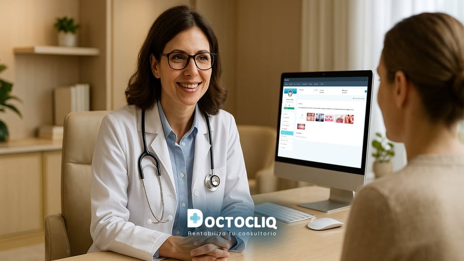 Odontóloga en consultorio moderno atendiendo paciente con atención personalizada. Representa un servicio premium en salud con tecnología y calidez humana.