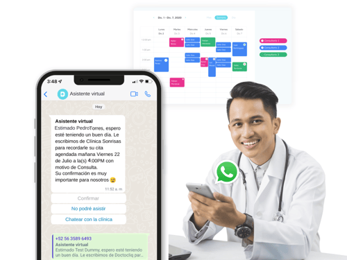 doctor con telefono y pantalla de whatsapp