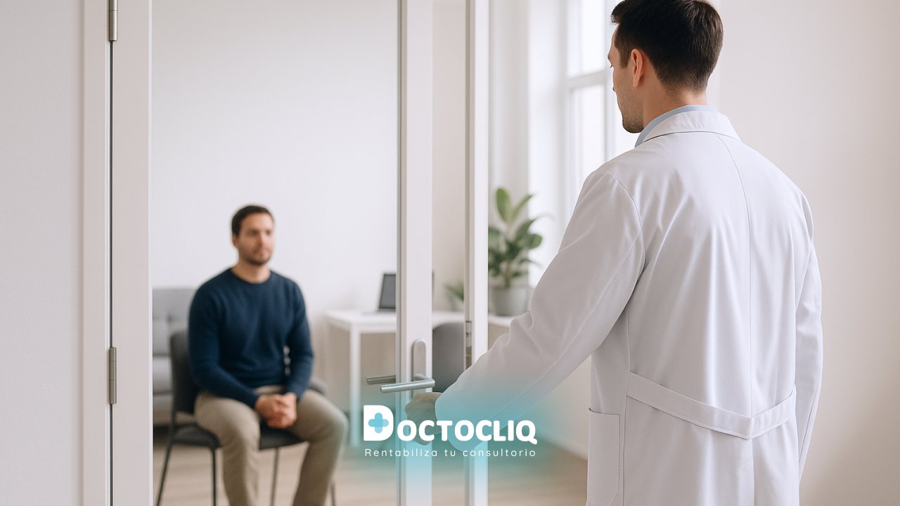 Un médico con bata abre las puertas de un consultorio luminoso. Se alcanza a ver un paciente sentado en sala de espera