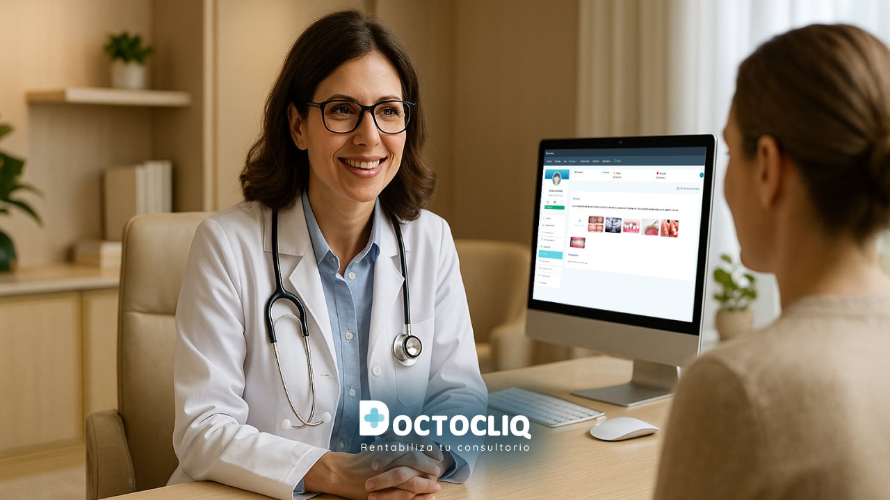 Odontóloga en consultorio moderno atendiendo paciente con atención personalizada. Representa un servicio premium en salud con tecnología y calidez humana.